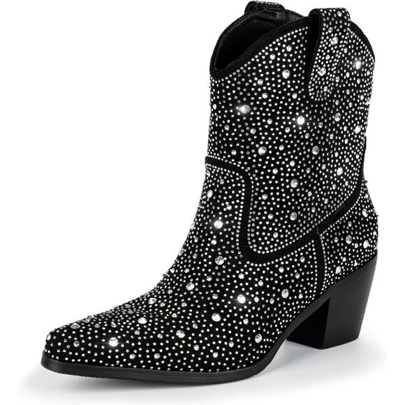 Sparkly Rhinestone Boots for Women Black High Knee Diamond Chunky Heel Booties - Picture 1 of 6